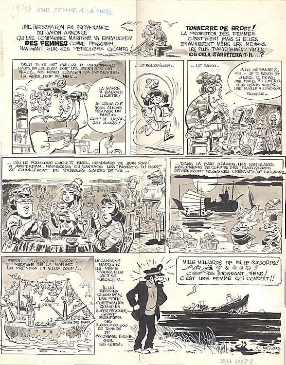 Planche originale de Une femme à la mer !!! (scénario et dessins de Jean-Claude Mézières), une page publiée au n°579 de Pilote, en 1970.