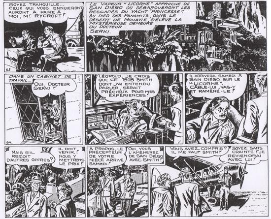 Les deux premiers strips de  "Scorchy Smith" par Kirby. Jack et Bob Farrell débutent le 22/5/1939 (ici, la deuxième bande), après le départ d’Howell Dodd et Frank Reilly (strip 1)... Reproduit à partir de l'édition française dans Supplément Tarzan 6/1950.