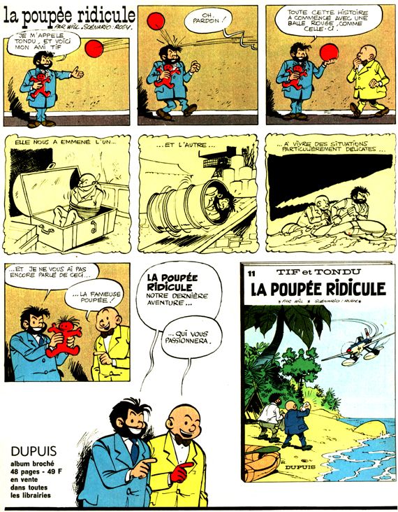 Planche annonce pour l'album « La Poupée ridicule », parue dans le n°1571 de Spirou, en 1968.