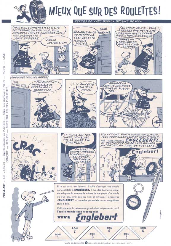 Publicité pour les pneus Englebert publiée dans Tintin, en 1959.