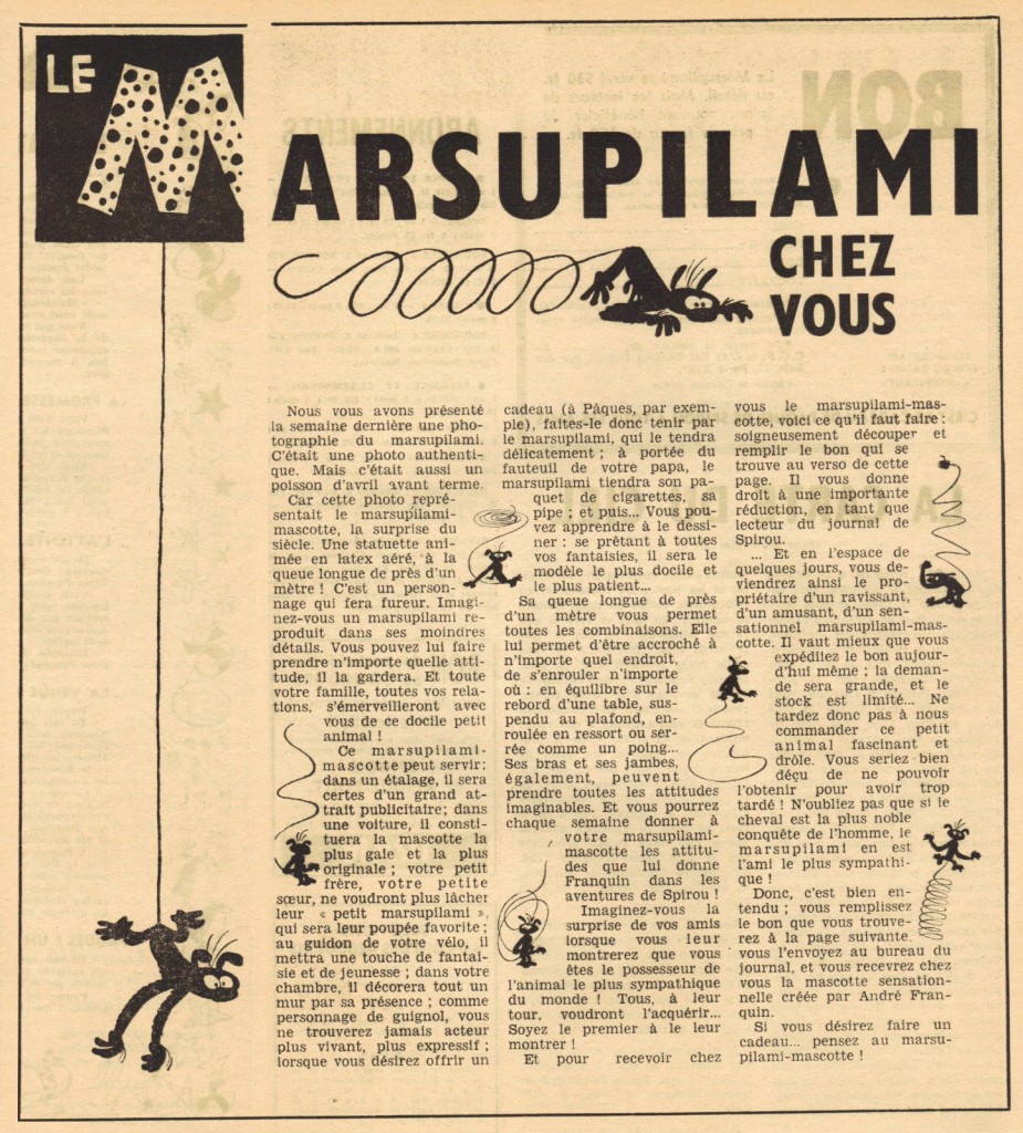 300471936marsuchezvous Article promotionnel pour le marsupilami mascotte en latex dans le n° 936 de Spirou, du 22 mars 1956.