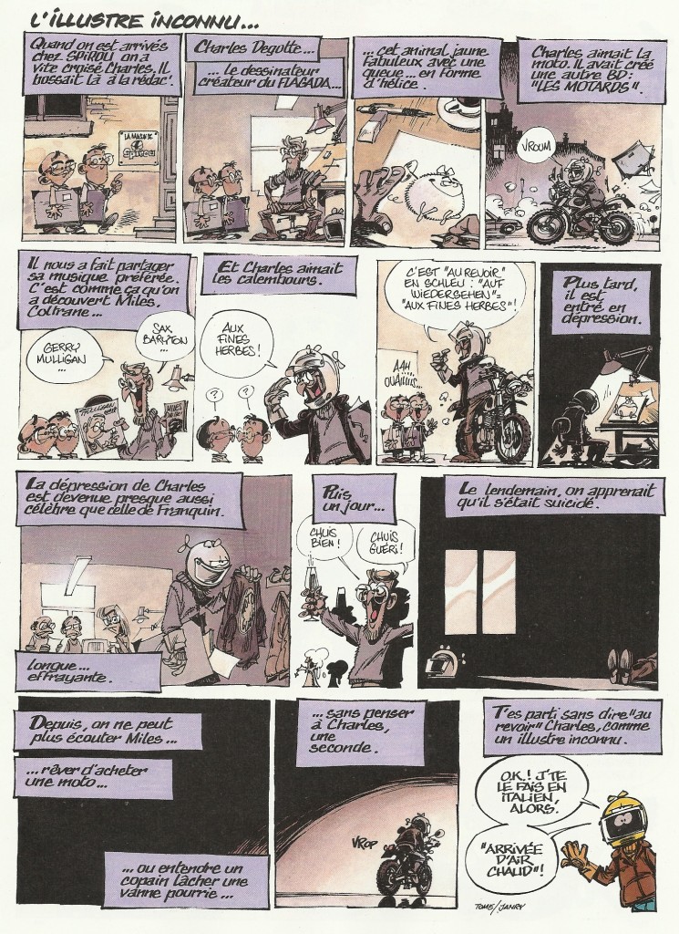 galerie Page de Tome & Janry pour« La Galerie des illustres » de Spirou (au n° 3852 du 8 février 2012), en hommage à Charles Degotte.