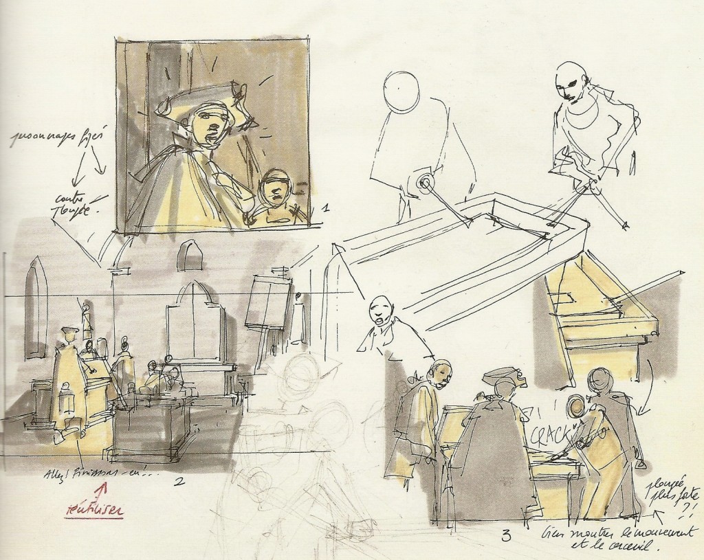 angle de vue Esquisses de la planche 3 du tome 1 de «L’Épervier » (« Le Trépassé de Kermellec »), pour trouver le bon angle de vue et la bonne composition.