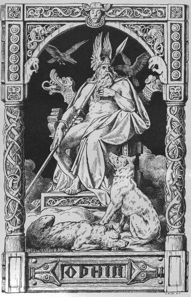 Odin-avec-les-loups-Geri-et-Freki-et-les-corbeaux-Hugin-et-Munin Odin avec les loups Geri et Freki et les corbeaux Hugin et Munin (dessin à la plume de Johannes Gehrts, 1884)