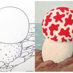 À droite, détail du dessin à l'encre du champignon ; à gauche, la mise en couleurs d'Hergé.