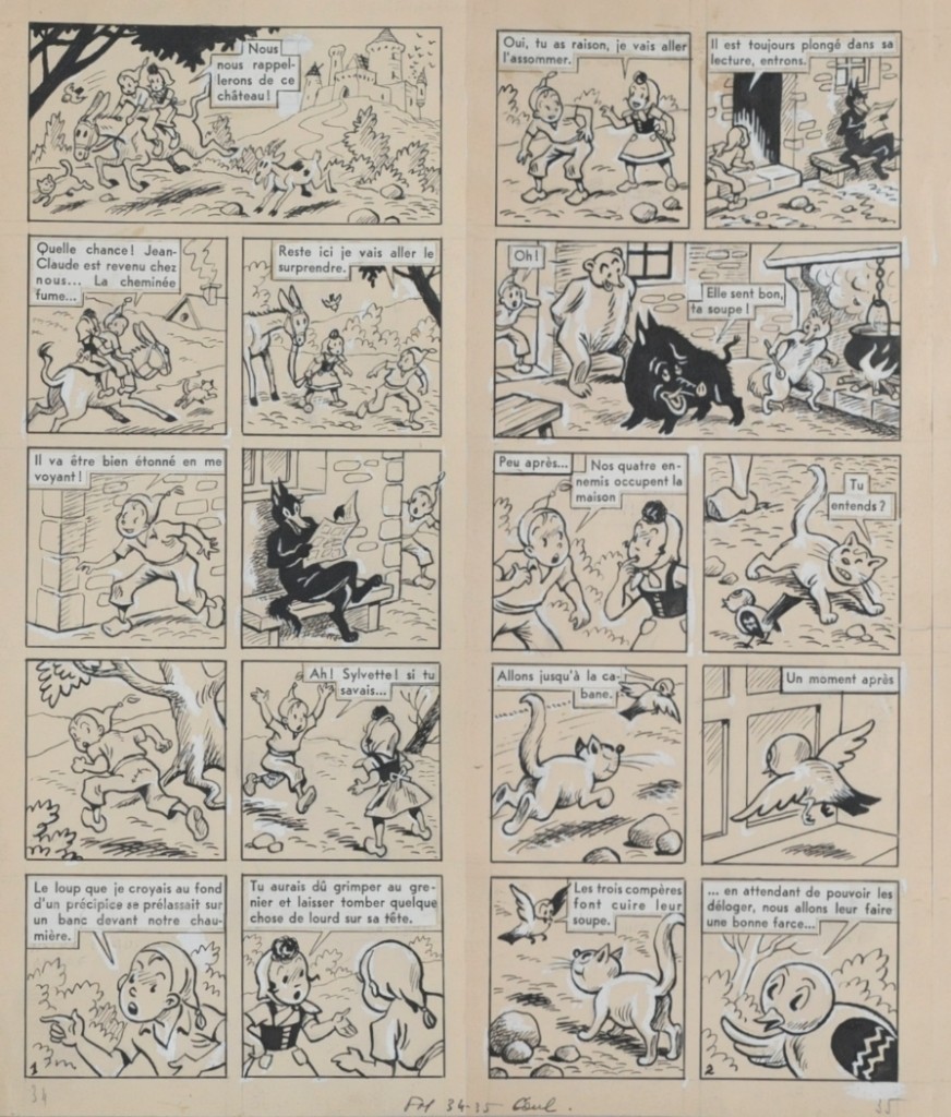 cuvillier-double-planche-de-sylvain-et-sylvette-34-et-35-parue-dans-fripounet-et-marisette-1955 Double planche originale de « Sylvain et Sylvette » par Maurice Cuvillier, parue dans Fripounet et Marisette en 1955.