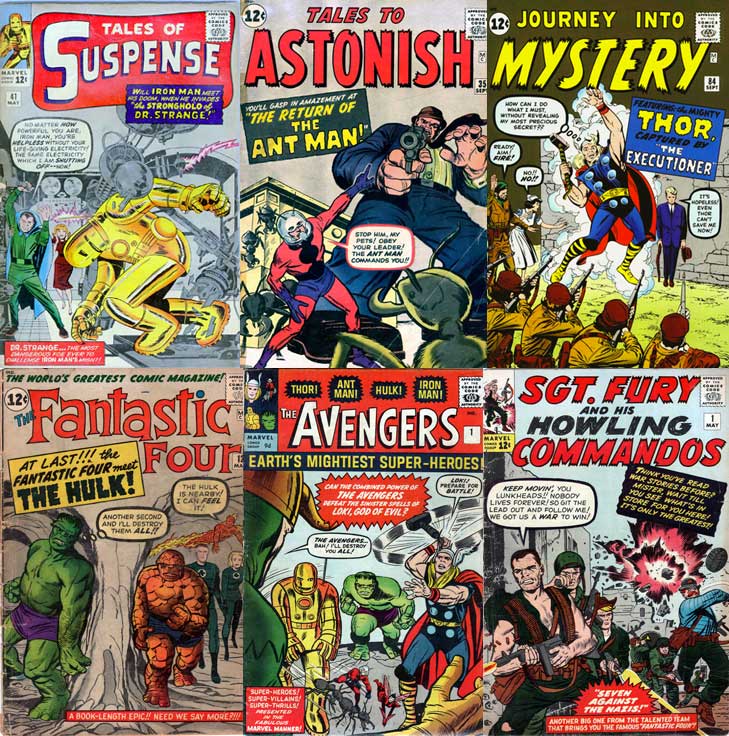 Iron Man (Tales of Suspense n° 41), Ant-Man (Tales to Astonish n° 35), Thor (Journey into Mystery n°84), S.H.I.E.L.D (Strange Tales n° 135), Fantastic Four n° 12, Avengers n° 1.