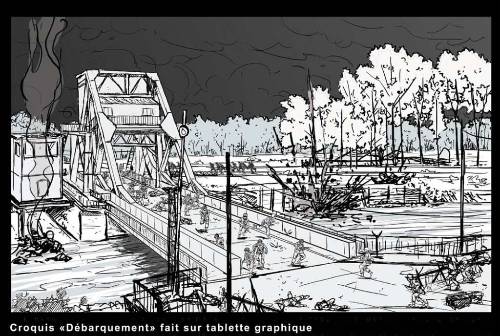42-43_DDay_croquis Croquis sur tablette graphique pour la représentation de la prise de Pegasus Bridge (Pont de Bénouville), au matin du 6 juin 1944