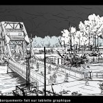 Croquis sur tablette graphique pour la représentation de la prise de Pegasus Bridge (Pont de Bénouville), au matin du 6 juin 1944