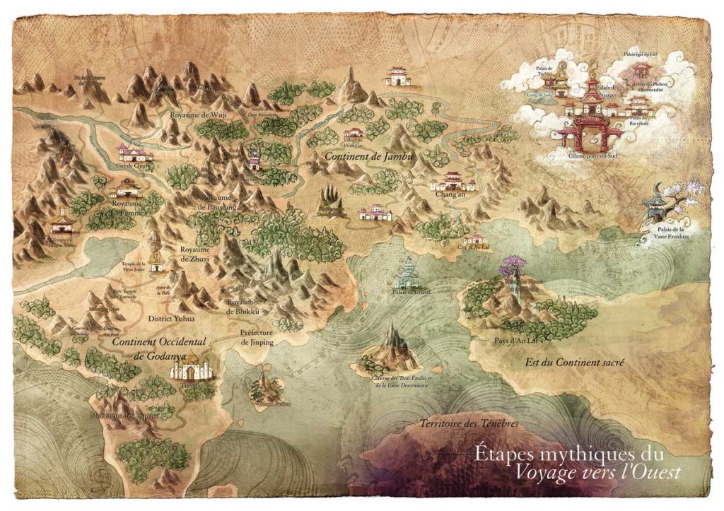 carte-voyage-vers-louest La carte détaillée au format A2, livrée pliée dans ce coffret, montre le périple de ce groupe de héros.