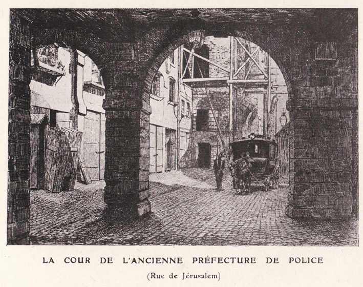 La cour de l'ancienne Préfecture (Rue de Jerusalem) - Gravure extraite de "Pierre Coignard ou Le forçat Colonel" (Albin Michel, 1924)