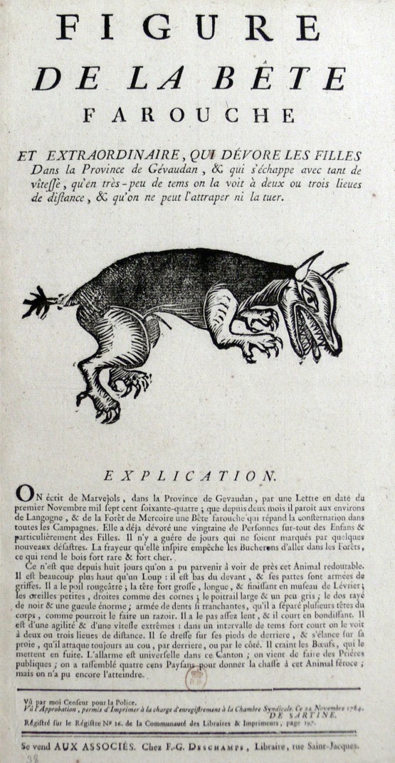 Image5 Figure de la bête farouche en 1764. Aux Associés, chez F.-G. Deschamps. Gravure sur bois et typographie (17,8 x 34,3 cm) Paris, Bibliothèque nationale de France, département des Estampes et de la Photographie