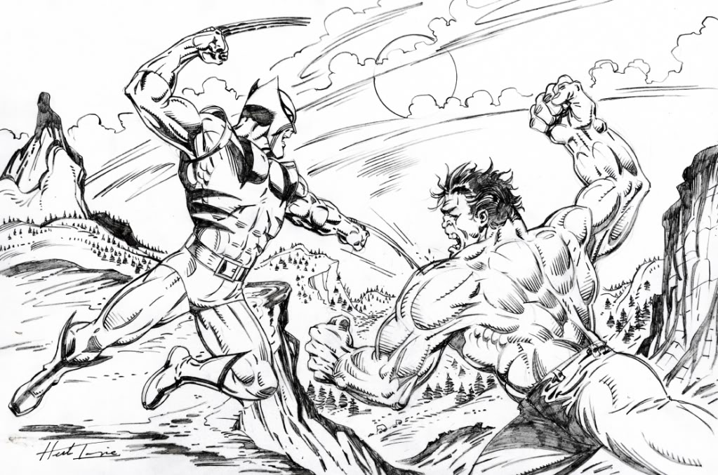 Un dessin d'Herb Trimpe avec Wolverine et Hulk.