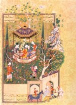 Miniature persanne Le jardin profané, scène du Haft Awrang de Djâmi, entre 1556 et 1565