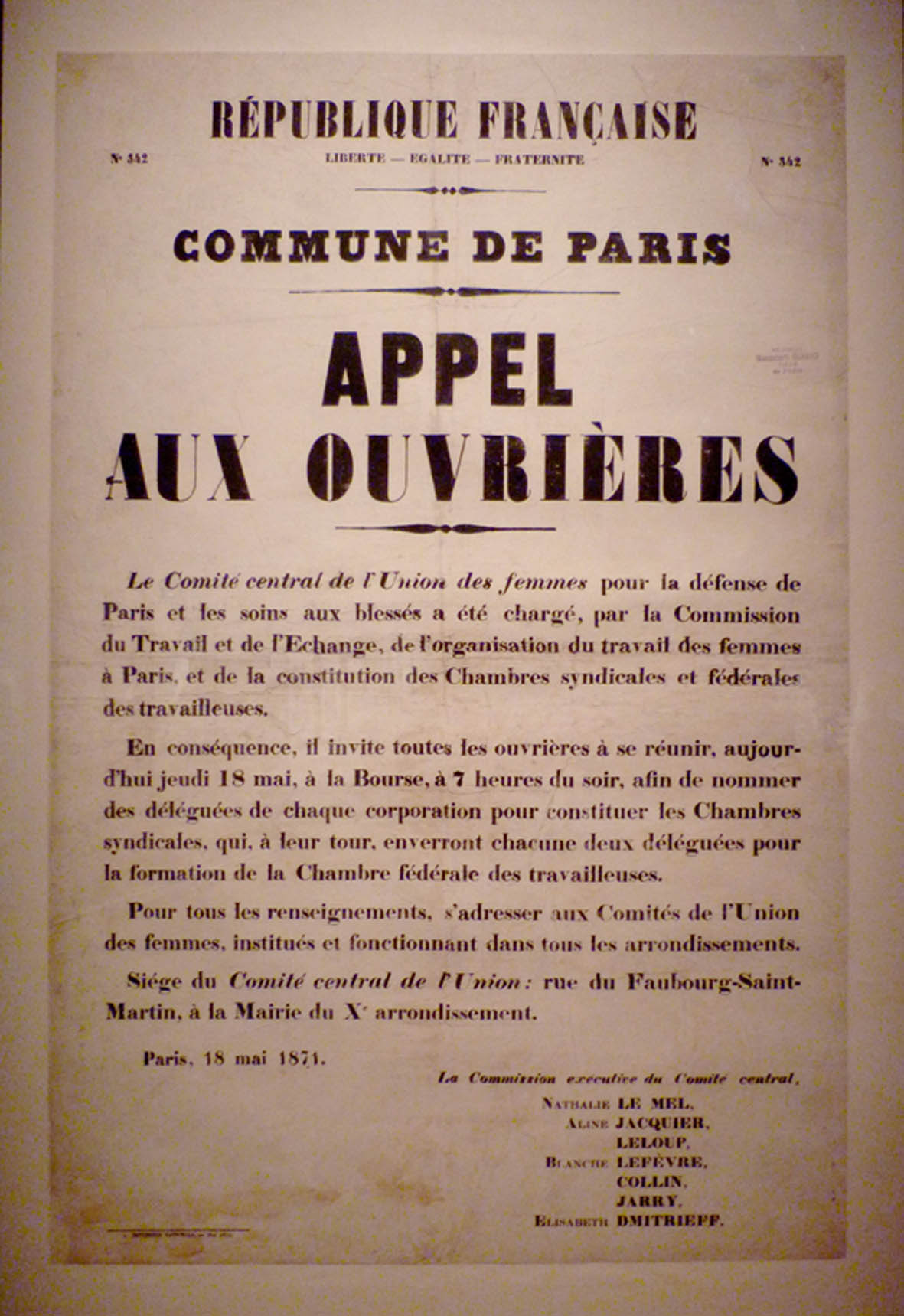 Affiche de l'appel aux ouvrières, le 18 mai 1871