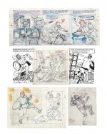 Crayonnés préparatoires de Jacobs pour le fameux épisode des poubelles dans le tome 1, et couverture du découpage version Dargaud 2015.