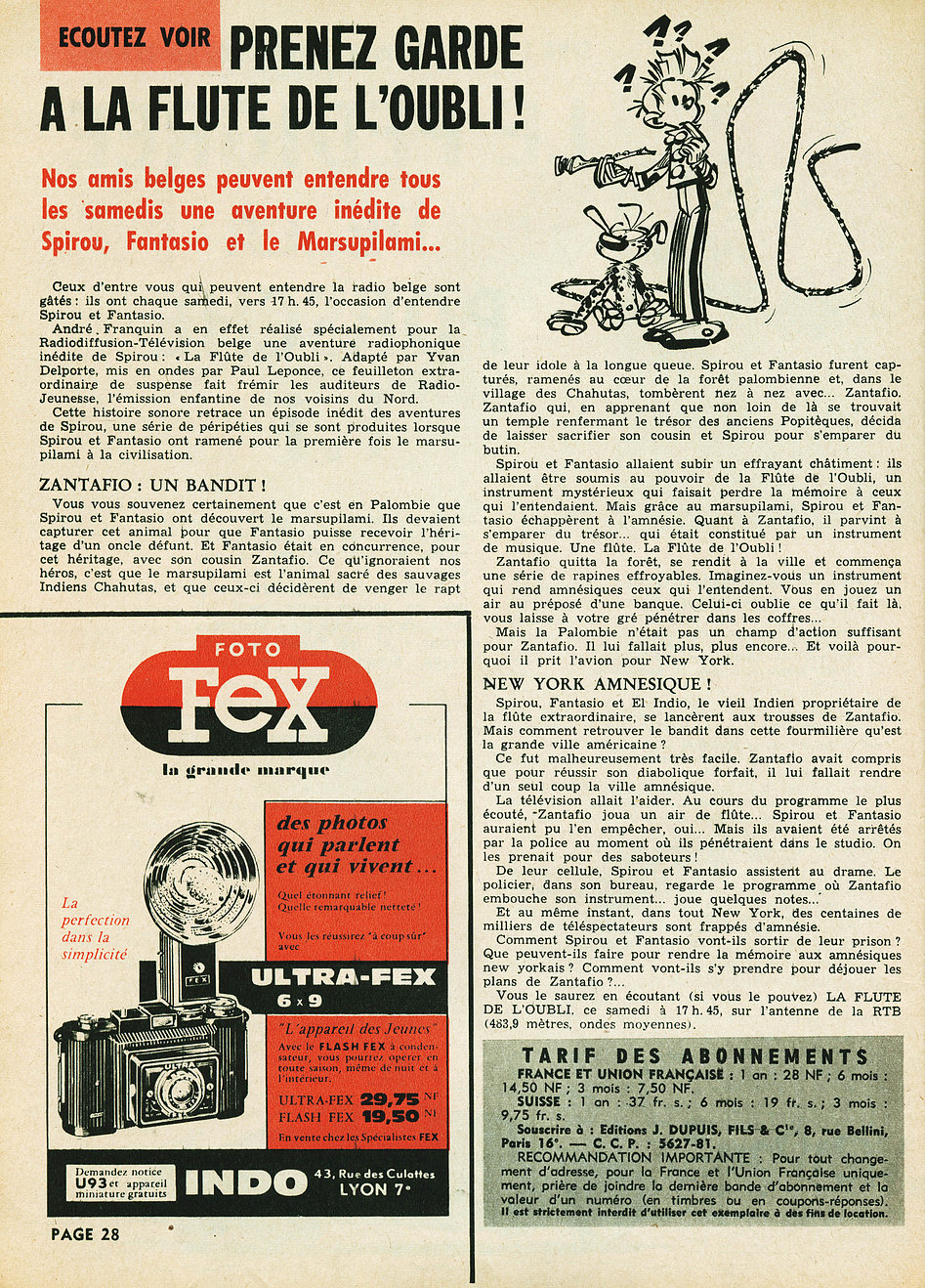 Page d'annonce pour "La Flûte de l'oubli", parue dans Spirou n° 1201 (20 avril 1961)