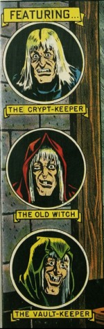 Le gardien du caveau, la vieille Sorcière et le gardien de la crypte vus par Feldstein sur la couverture de Tales from the Crypt n° 23 (avril/mai 1951).