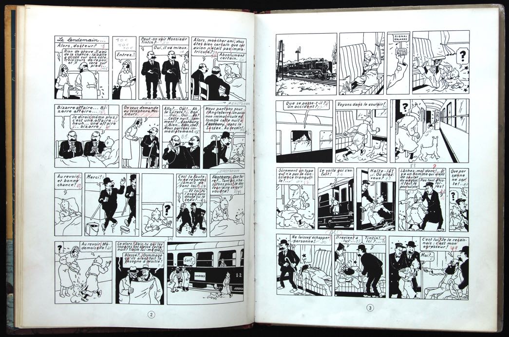 « Pages 2 et 3 annotées — exemplaire Hergé ».