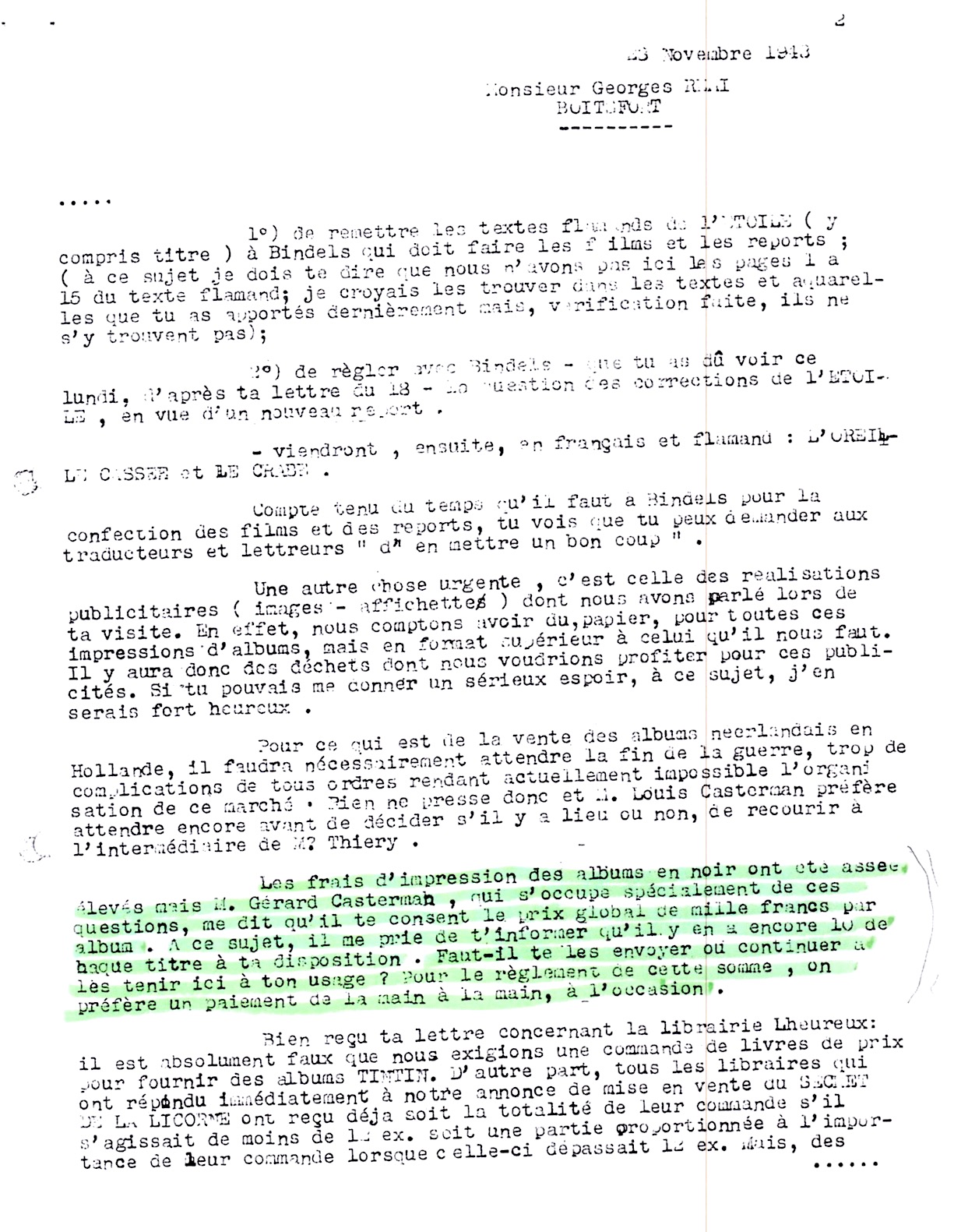 Réponse de Lesne du 30 novembre 1943 : le reste sera tenu à disposition à Tournai…