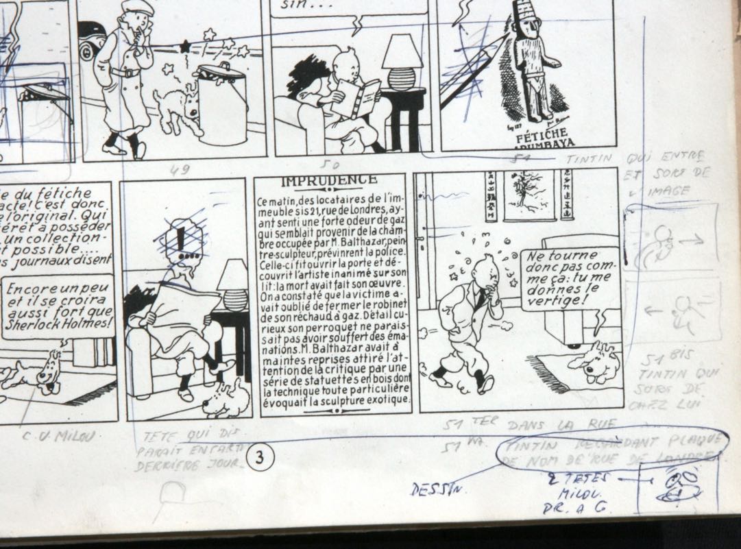 Annotations précisant les mouvements de Tintin en vue du dessin animé, exemplaire Hergé A22 .