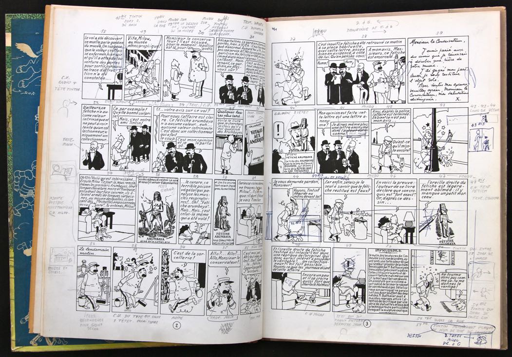 Toutes les pages recouvertes d’indications pour le passage de Tintin au cinéma.