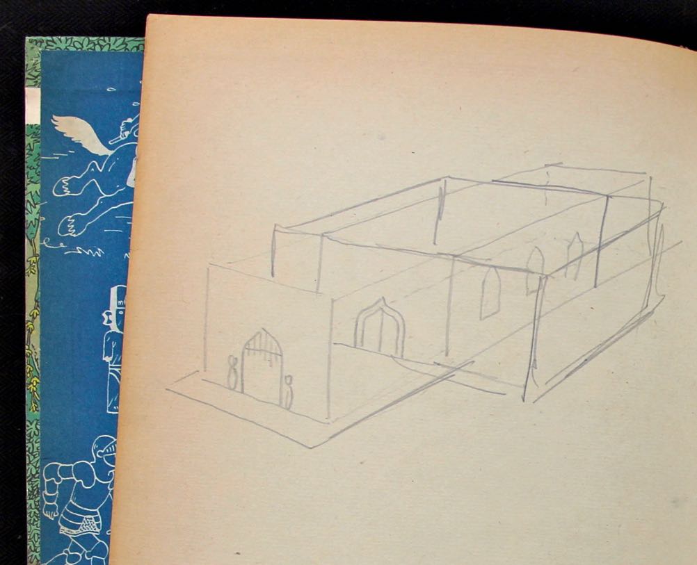 Un dessin en page de garde qui fait penser au château du « Sceptre d’Ottokar » : exemplaire Hergé.
