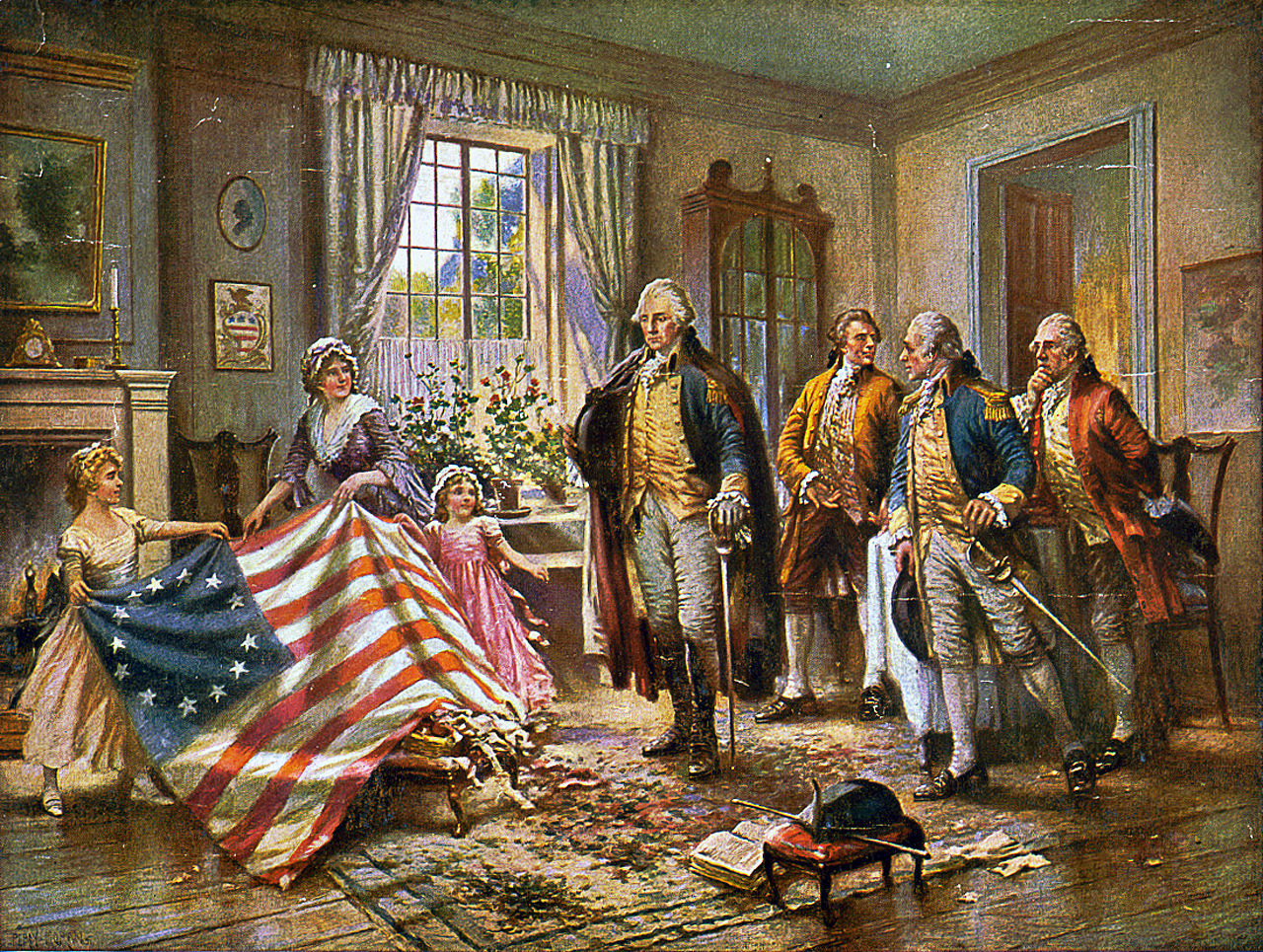 The Birth of Old Glory par Percy Moran (1917) : Betsy Ross coud le premier drapeau pour Washington