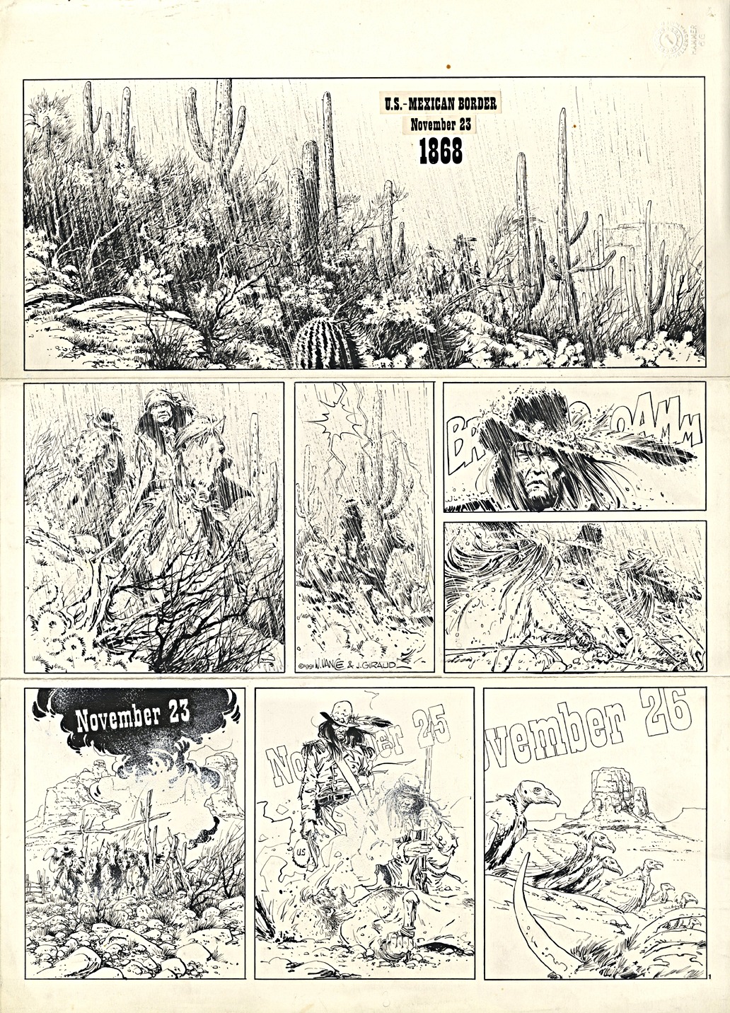 vance-marshal-blueberry-t1-sur-ordre-de-washington-3hb0 Première planche originale par W. Vance pour "Sur ordre de Washington" (encre de Chine et gouache blanche - 1991)