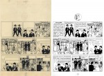 La page 1 réalisée par report et montage des strips parus dans Le Soir jeunesse et son équivalent imprimé en noir sur l’édition alternée.