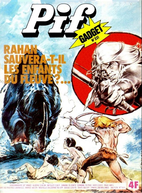 Rahan en couvertures de Pif Gadget (n° 331 et 334 en juillet 1975, n° 357 de janvier 1976 et n° 378 de mai 1976)