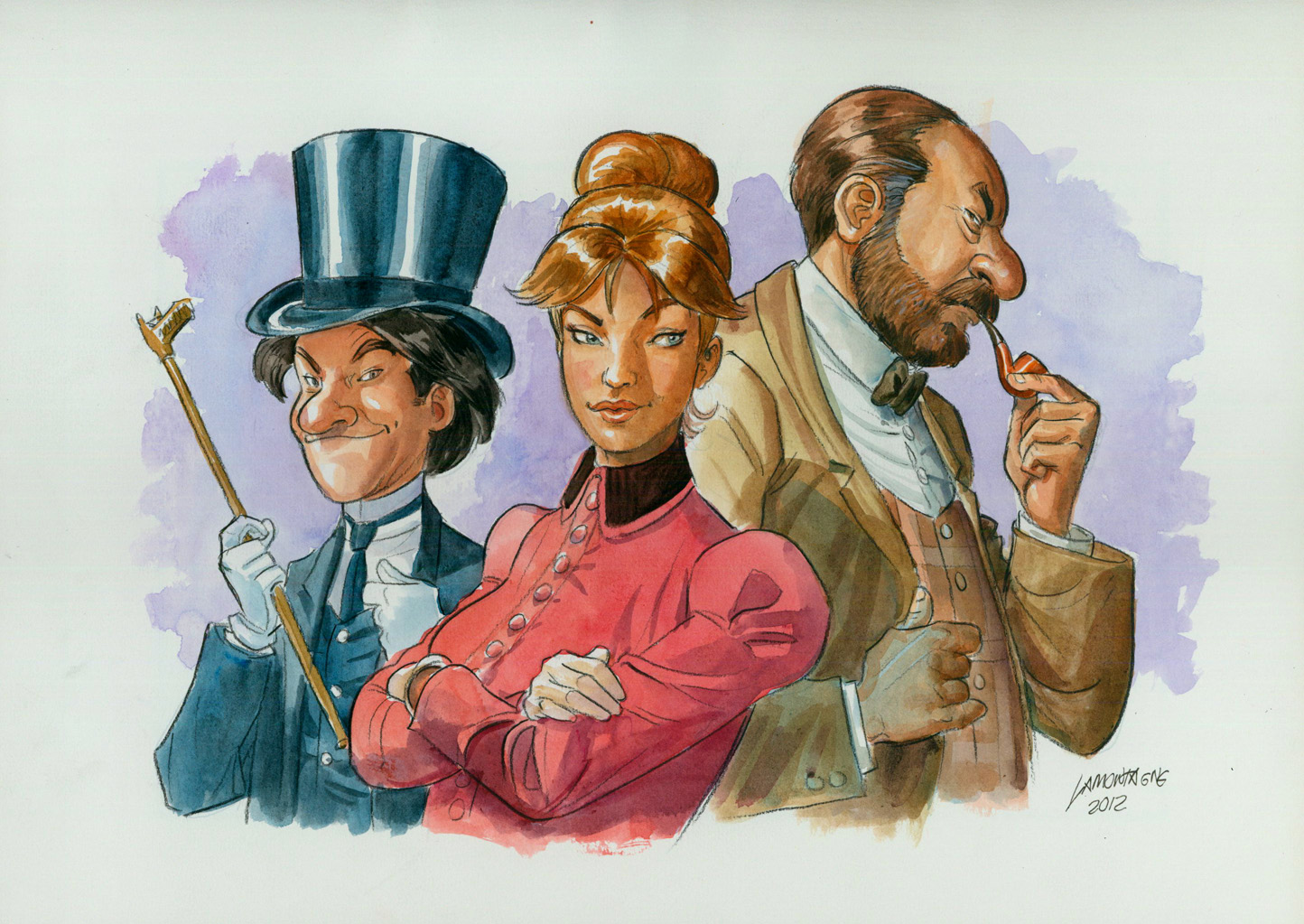 Le trio d'enquêteurs (Hugo Beyle, Flora Vernet et Auguste Dupin), dessiné par J. Lamontagne