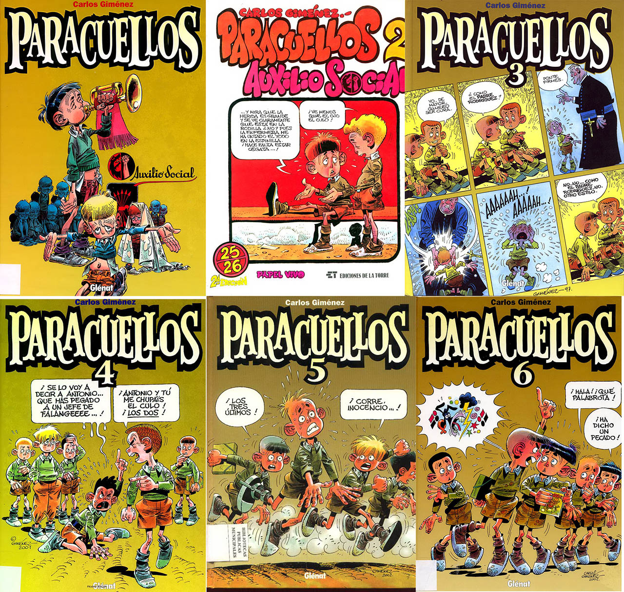 Les couvertures hispaniques des 6 premiers volumes, et la couverture de Paracuellos T2, paru chez Fluide Glacial en 1981.