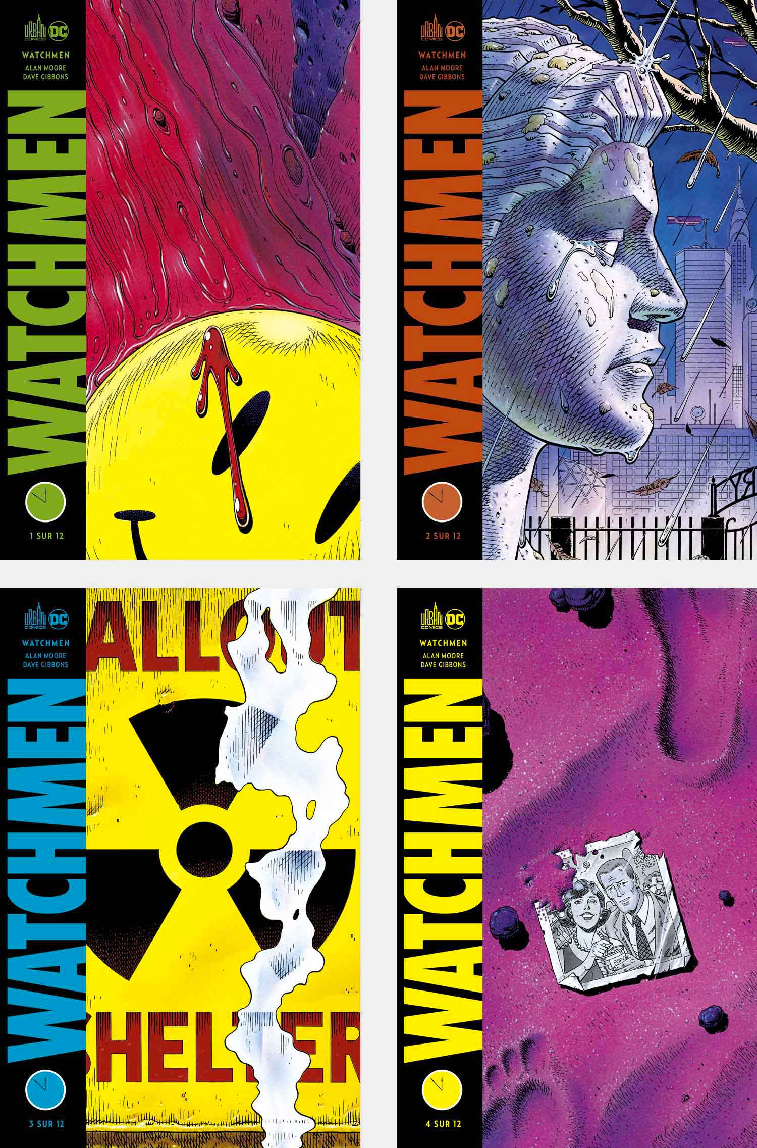 Les quatre premières couvertures de Watchmen en version française. Celles-ci sont strictement identiques aux couvertures des fascicules américains. À noter que le premier volume est vendu sous film avec une jaquette jaune reprenant l'horloge de l'apocalypse que vous pouvez apercevoir en en-tête de cette chronique.