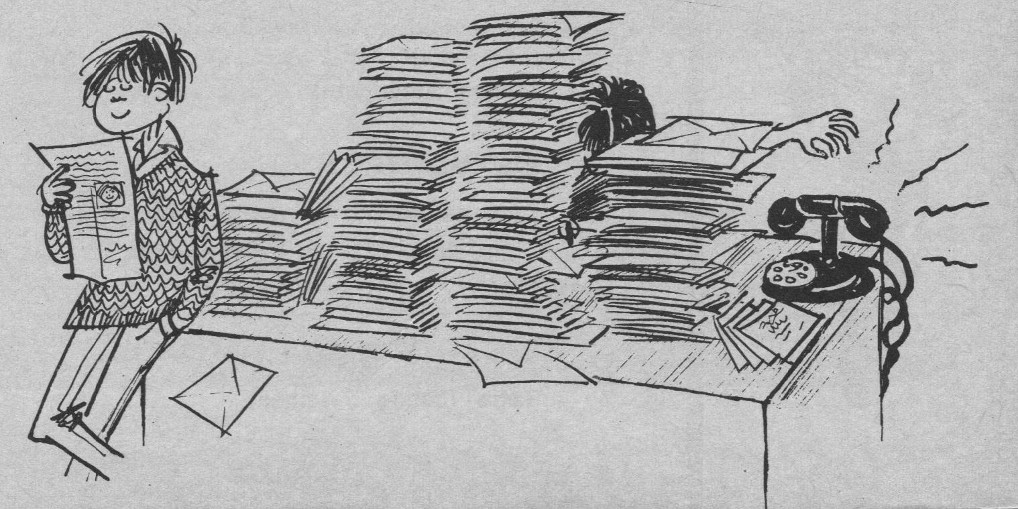 Son premier dessin publié dans un magazine BD : illustration du courrier dans le n° 28 de Record d'avril 1964.