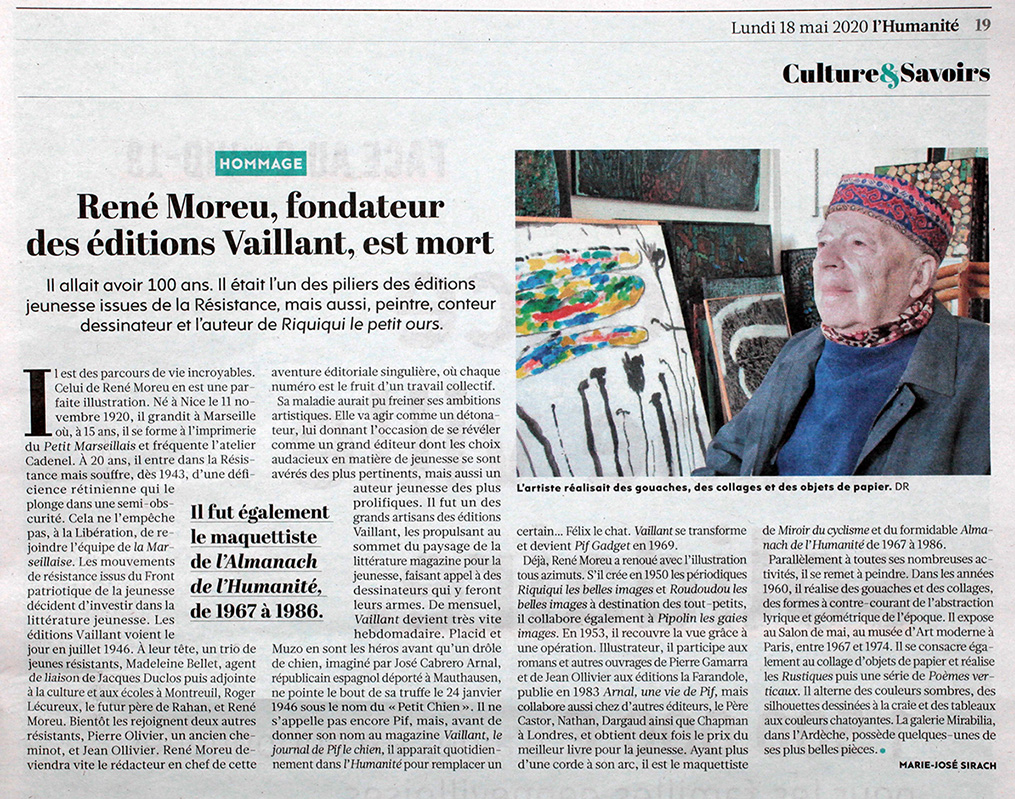 Journal L’Humanité, 18 mai 2020 : « René Moreu, fondateur des éditions Vaillant, est mort ».