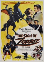Affiche US pour "Le Signe de Zorro", un film de Lewis et Norman Foster compilant divers extraits des treize premiers épisodes de la série "Zorro " (Studios Disney, 1958).