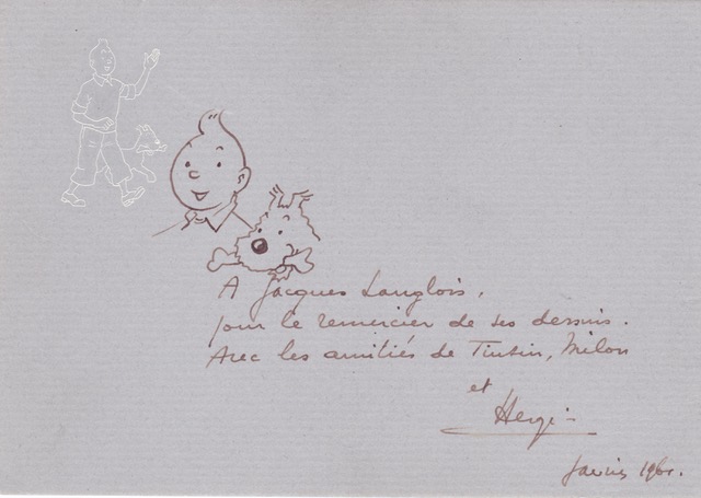 Le premier mot reçu d’Hergé par Jacques Langlois en janvier 1961.