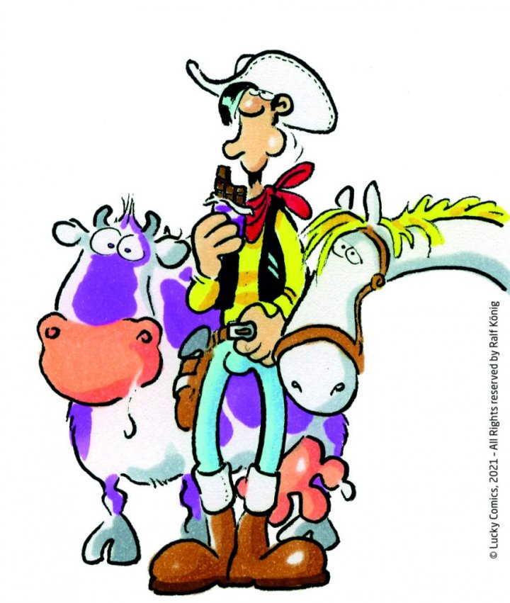 Lucky Luke et Jolly Jumper en compagnie d'une vache suisse.