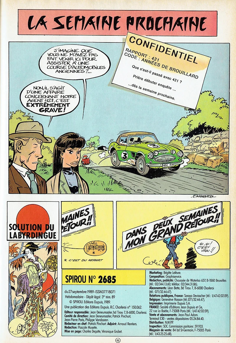 Page annonce (dans Spirou n° 2685 du 27septembre 1989) et première planche de « Les Années de brouillard » (Dupuis).