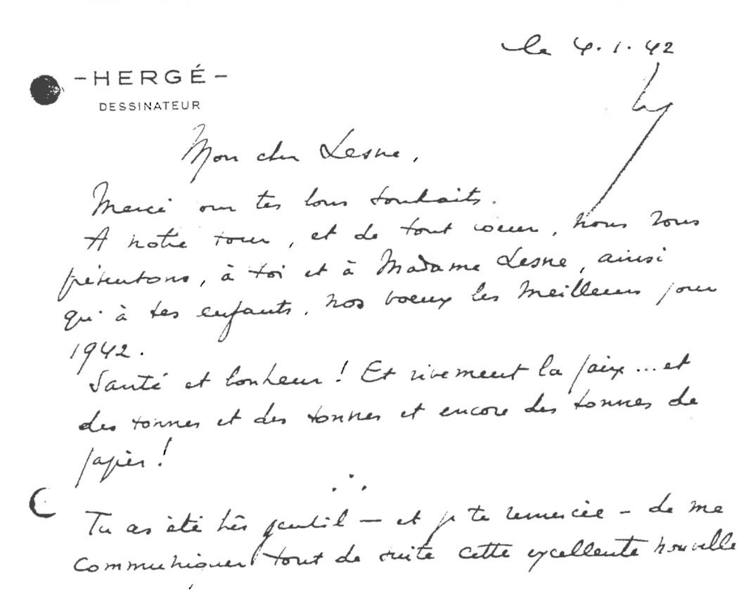 Les vœux de Hergé en date du 4 janvier, il y a 80 ans !