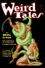 Couverture du pulp américain Weird Tales (août 1934). Illustration de Margaret Brundage pour la nouvelle « Le Diable d'airain » (« The Devil in Iron ») de Robert E. Howard.