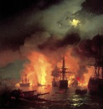 « La Bataille de Tchesmé » par Ivan Aïvazovski (1848 ; huile sur toile : 193 x 185 cm).